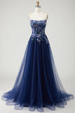 Navy Strapless A Line Sheer Corset Applique Tulle Long Prom Dress with Sequins