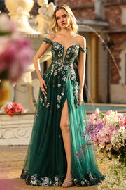 Dark Green Off the Shoulder Appliqued Corset A Line Long Sequin Long Prom Dress