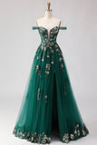 Off The Shoulder Dark Green A Line Corset Long Long Prom Dress with Sequins