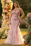 Blush Mermaid Corset Appliqued Long Prom Dress with Beading