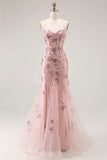 Blush Mermaid Sequins Sheer Corset Beaded Long Prom Dress with Lace Up Back