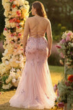 Blush Mermaid Sequins Sheer Corset Beaded Long Prom Dress with Lace Up Back