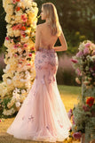 Blush Mermaid Sequins Sheer Corset Beaded Long Prom Dress with Lace Up Back