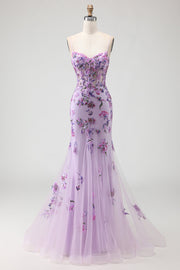 Purple Mermaid Appliqued Corset Long Prom Dress with Beading