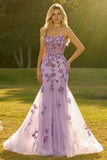 Purple Mermaid Sheer Corset Beaded Sequin Long Prom Dress with Lace Up Back