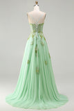 Green A Line Beaded Corset Sequin Appliqued Long Prom Dress