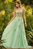 Green A Line Beaded Corset Lace Up Back Long Prom Dress with Sequins