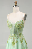 Green A Line Beaded Corset Sequin Appliqued Long Prom Dress