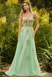 Green A Line Beaded Corset Lace Up Back Long Prom Dress with Sequins