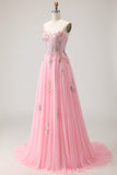 Pink A Line Corset Beaded Sequins Appliqued Long Prom Dress with Lace Up Back