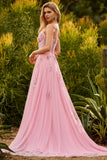 Pink Beaded A Line Corset Sequin Long Prom Dress with Lace Up Back