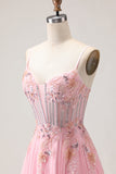 Pink A Line Corset Beaded Sequins Appliqued Long Prom Dress with Lace Up Back
