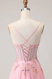 Pink A Line Corset Beaded Sequins Appliqued Long Prom Dress with Lace Up Back