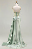 Pink Mermaid Beaded Corset Appliqued Satin Long Prom Dress with Slit