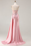 Pink Mermaid Beaded Corset Appliqued Satin Long Prom Dress with Slit