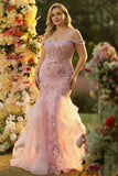 Off the Shoulder Blush Mermaid Beaded Appliqued Corset Long Prom Dress with Ruffles