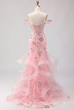 Off the Shoulder Blush Mermaid Beaded Corset Long Plus Size Prom Dress with Ruffles