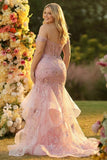 Off the Shoulder Blush Mermaid Beaded Appliqued Corset Long Prom Dress with Ruffles