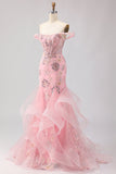 Off the Shoulder Blush Mermaid Beaded Corset Long Plus Size Prom Dress with Ruffles