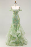Off the Shoulder Blush Mermaid Beaded Corset Long Plus Size Prom Dress with Ruffles