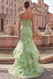 Off the Shoulder Blush Mermaid Beaded Appliqued Corset Long Prom Dress with Ruffles