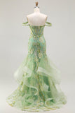 Off the Shoulder Blush Mermaid Beaded Corset Long Plus Size Prom Dress with Ruffles