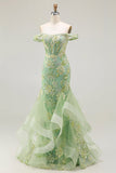 Off the Shoulder Green Mermaid Beaded Appliqued Corset Long Prom Dress with Ruffles