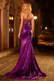 Dark Purple Mermaid Beaded Corset Long Prom Dress with Slit