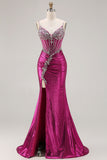 Fuchsia Mermaid Beaded Corset Long Prom Dress with Slit