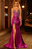 Sparkly Golden Mermaid Beaded Corset Lace Up Back Long Prom Dress with Slit