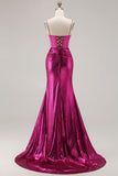 Fuchsia Mermaid Beaded Corset Long Prom Dress with Slit