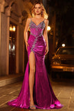 Fuchsia Mermaid Beaded Corset Long Prom Dress with Slit