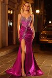 Fuchsia Mermaid Beaded Corset Long Prom Dress with Slit