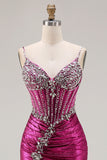 Fuchsia Mermaid Beaded Corset Long Prom Dress with Slit
