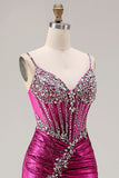 Sparkly Golden Mermaid Beaded Corset Lace Up Back Long Prom Dress with Slit