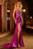Fuchsia Mermaid Beaded Corset Long Prom Dress with Slit