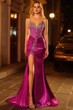 Fuchsia Mermaid Beaded Corset Long Prom Dress with Slit