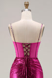 Fuchsia Mermaid Beaded Corset Long Prom Dress with Slit