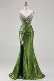 Fuchsia Mermaid Beaded Corset Long Prom Dress with Slit