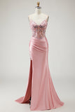 Blush Mermaid Spaghetti Straps Satin Sheer Corset Sequin Long Prom Dress with Slit