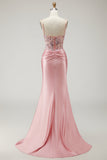 Blush Mermaid Spaghetti Straps Satin Sheer Corset Sequin Long Prom Dress with Slit