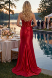 Royal Blue Strapless Mermaid Satin Corset Beaded Long Prom Dress with Slit