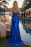 Red Mermaid Strapless Appliqued Corset Beaded Long Prom Dress with Slit
