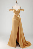 Golden Mermaid Off the Shoulder Beaded Pleated Satin Long Prom Dress with Slit