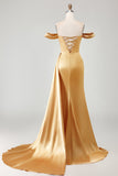 Mermaid Off the Shoulder Beaded Pleated Satin Royal Blue Long Prom Dress with Slit