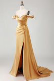 Mermaid Off the Shoulder Beaded Pleated Satin Royal Blue Long Prom Dress with Slit