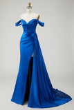Mermaid Off the Shoulder Beaded Pleated Satin Royal Blue Long Prom Dress with Slit
