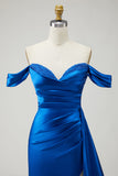 Mermaid Off the Shoulder Beaded Pleated Satin Royal Blue Long Prom Dress with Slit