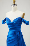 Mermaid Off the Shoulder Beaded Pleated Satin Royal Blue Long Prom Dress with Slit