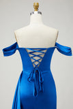 Mermaid Off the Shoulder Beaded Pleated Satin Royal Blue Long Prom Dress with Slit